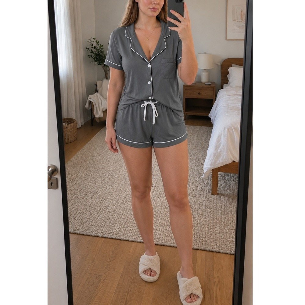 Tart Womens Pajama Set L Gray Short Sleeve Button Top Shorts Sleepwear Classic